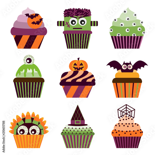 Halloween cupcakes scary sweets set. Decorated spooky chocolate cream muffins with monsters. Pumpkin cakes for halloween party. Trick or treat creepy food icons for invitations and postcards.