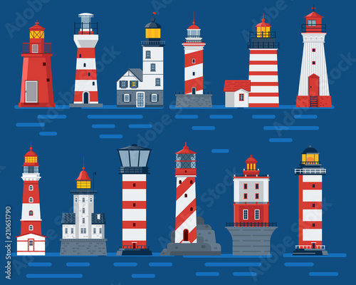 Cartoon lighthouse set. Red striped sea guiding light houses buildings. Sea pharos or beacon collection. Searchlight towers of different types in flat design.