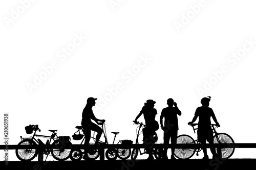 Silhouette group friend and bike relaxing on white background