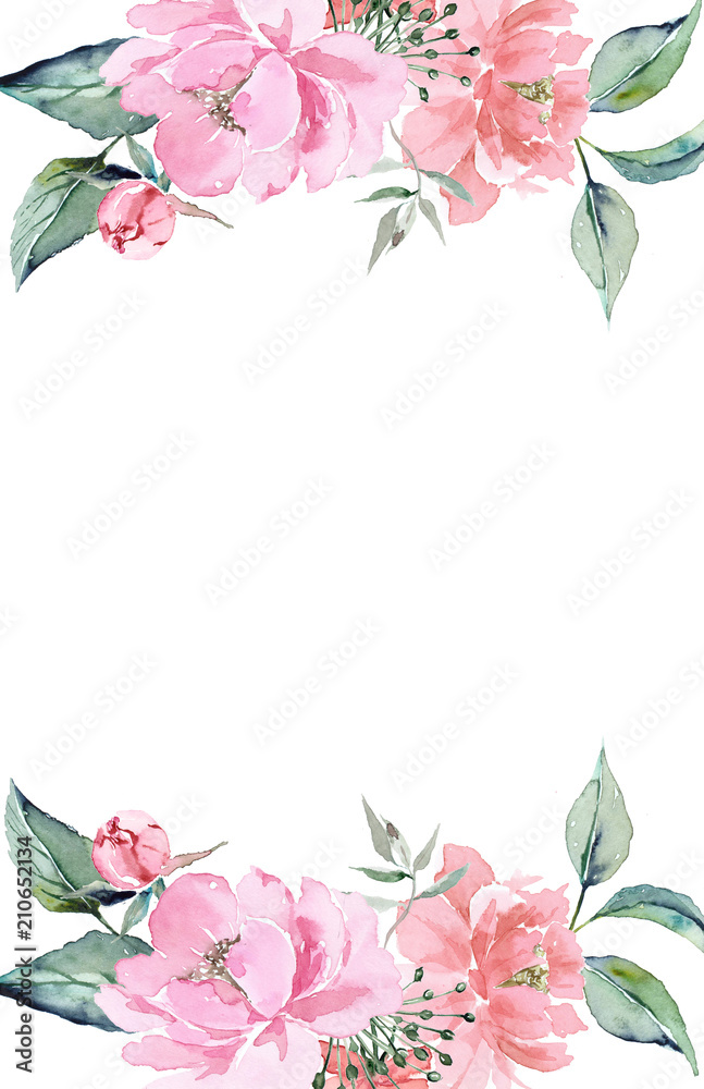 Frame with curb watercolor flowers and leaves style vintage color delicate peach and pink. Frame with curb watercolor flowers and leaves style vintage color delicate peach and pink.