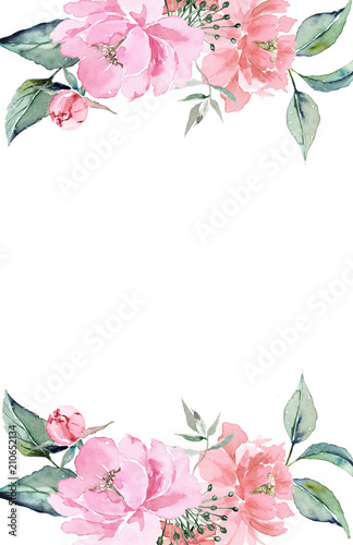 Frame with curb watercolor flowers and leaves style vintage color delicate peach and pink.