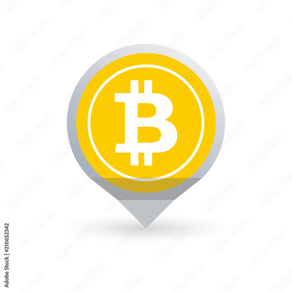 Bitcoin flat icon. Crypto coin logo in the shape of map pointer or marker. Net banking sign. International money or currency. Vector illustration.