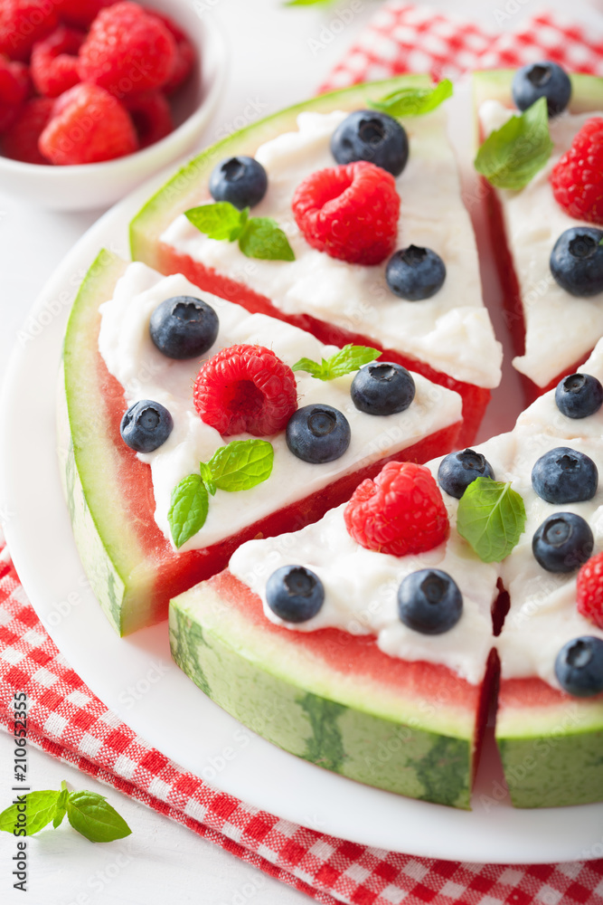 watermelon pizza slices with yogurt and berries, summer dessert watermelon pizza slices with yogurt and berries, summer dessert