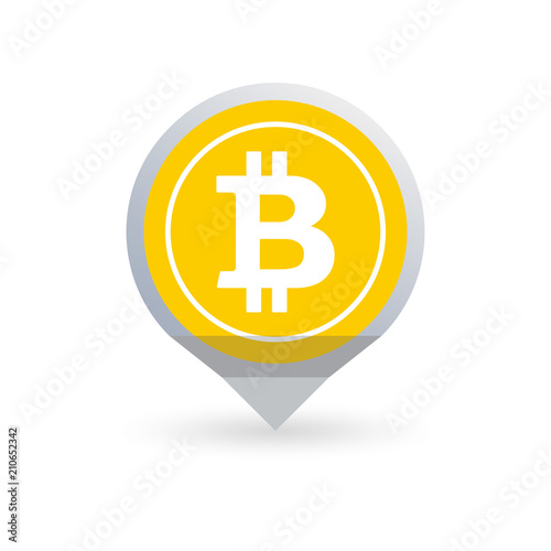 Bitcoin flat icon. Crypto coin logo in the shape of map pointer or marker. Net banking sign. International money or currency. Vector illustration.