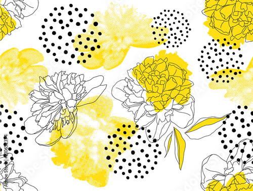 Seamless vector pattern with yellow peonies and geometric shapes on a white background. Trendy floral pattern in a halftone style.