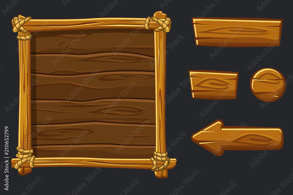 Set Cartoon wood assets, Interface and buttons For Ui Game Stock Vector ...