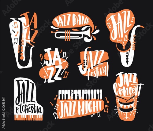 Canvas Print Set of jazz music lettering handwritten with calligraphic font and decorated with various musical instruments isolated on black background - piano, drums, sax, trumpet