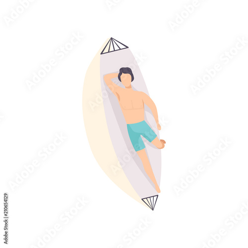 Young man lying on hammock and sunbathing on the beach, top view of lying guy vector Illustration on a white background