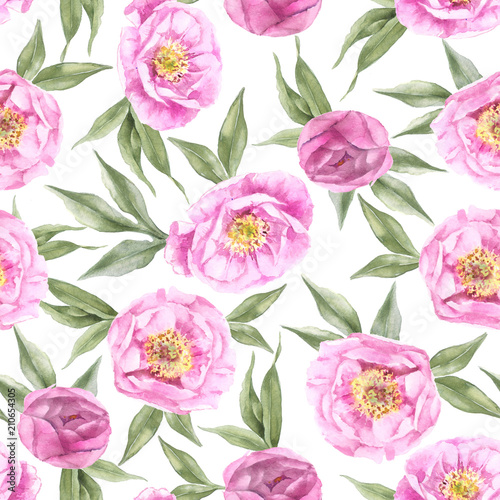seamless pattern pink peonies watercolor
