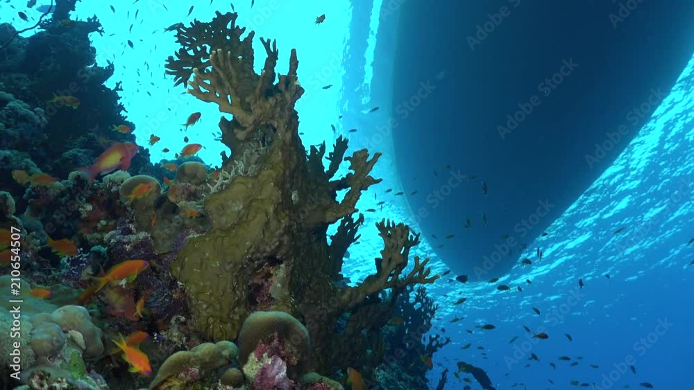 Big boat floating at sea, view from underwater.