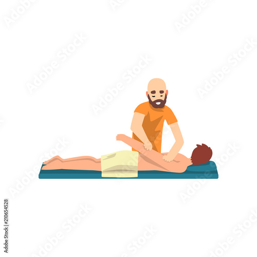 Male therapist doing back massage to young man, rehabilitation care and physiotherapy treatments vector Illustration on a white background