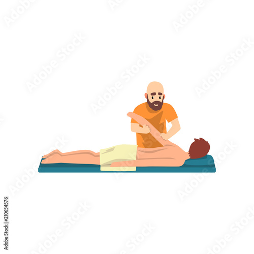 Man on massage session, male therapist doing massage, rehabilitation care and physiotherapy treatments vector Illustration
