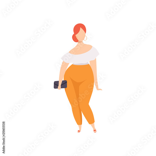 Curvy, overweight girl in fashionable clothes, beautiful plus size fashion woman, body positive vector Illustration on a white background