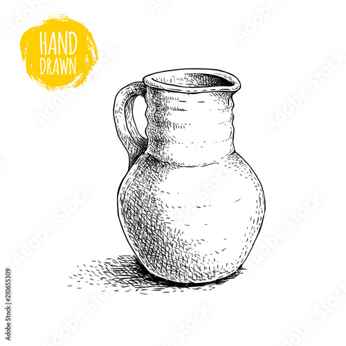Hand drawn sketch style medieval jug. Ancient jug vector illustration. Isolated on white background.