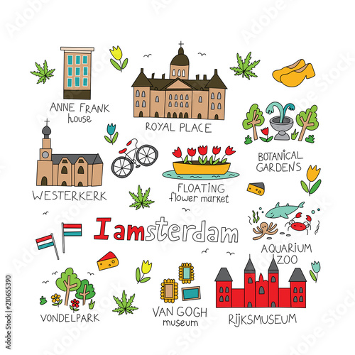 Amsterdam city doodle collection in cute hand drawn style. Amsterdam cartoon flat symbols set, attractions and sights in circle. Holland vector illustration isolated on white.