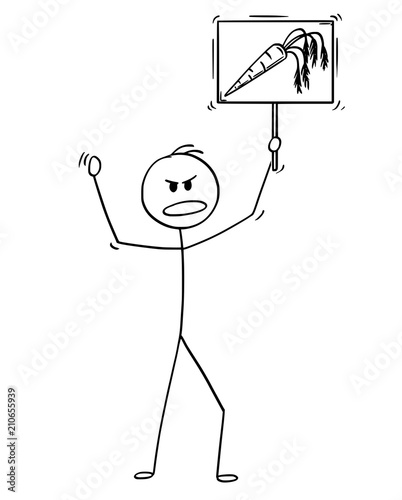 Cartoon stick drawing conceptual illustration of man demonstrating and holding sign or signboard with carrot vegetable image.