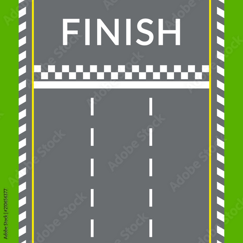 Finish line on the rally track for the racing cars. Top view. Speedway banner. Empty asphalt road background. Vector illustration.