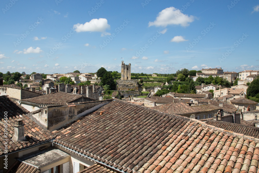 view of the village of Saint Emilion and king tower wine village near Bordeaux France