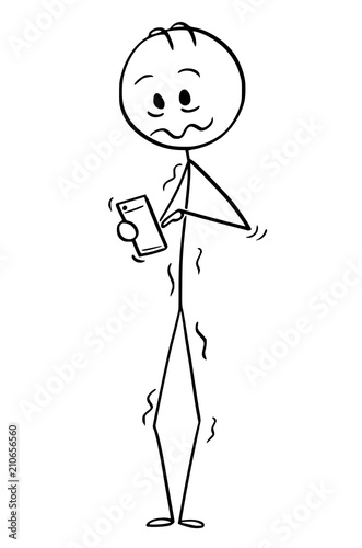 Cartoon stick drawing conceptual illustration of stressed man or businessman walking with mobile phone.