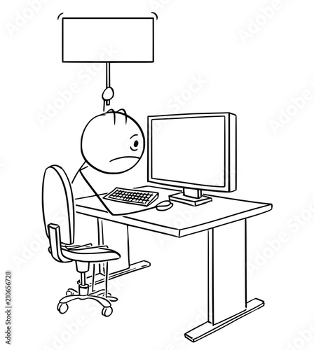 Cartoon stick drawing conceptual illustration of tired, stressed or unhappy man or businessman working on computer and holding empty or blank sign.