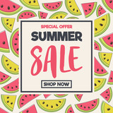 Summer Sale - colourful banner with hand drawn watermelon icons. Vector.