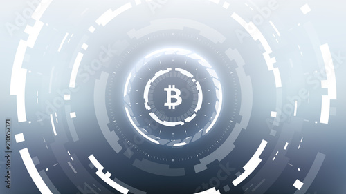 Bitcoin Cryptocurrency Futuristic Sci-Fi Technology Circular HUD Background Illustration. Worldwide Digital Money Blockchain System