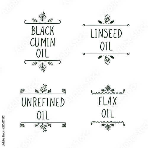 Vector Collection of Oil Tags, Cold Pressed Unrefined Different Oil.