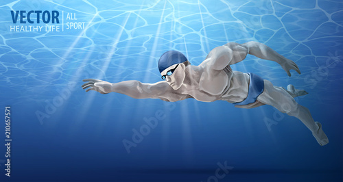 Professional male swimmer inside swimming pool. A man dives into the water. Summer background. Texture of water surface. Diving. Underwater. Vector illustration
