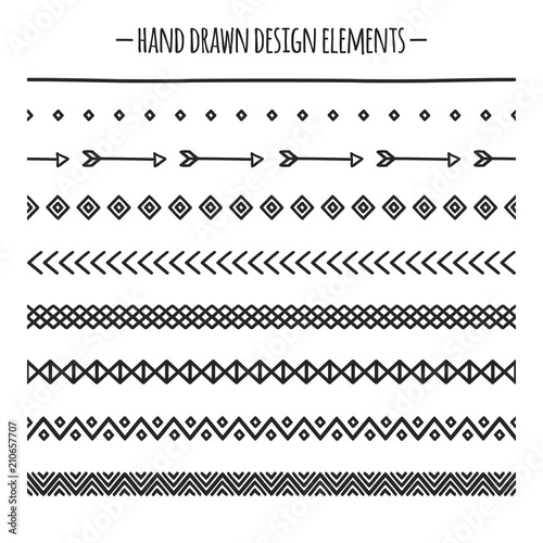 Tribal brushes. Border. Ethnic hand drawn vector line border set. Design element. Native brushes. Aztec geometric vintage fashion pattern for design. Trendy doodle style.