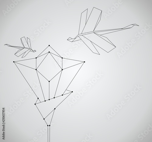 Origami abstract background. Paper dragonfly and flower.