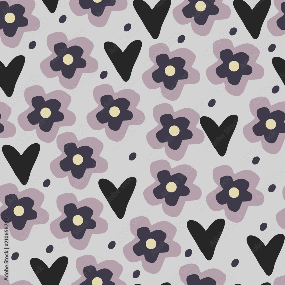 Fototapeta premium Cute hand drawn pattern with flowers and hearts.