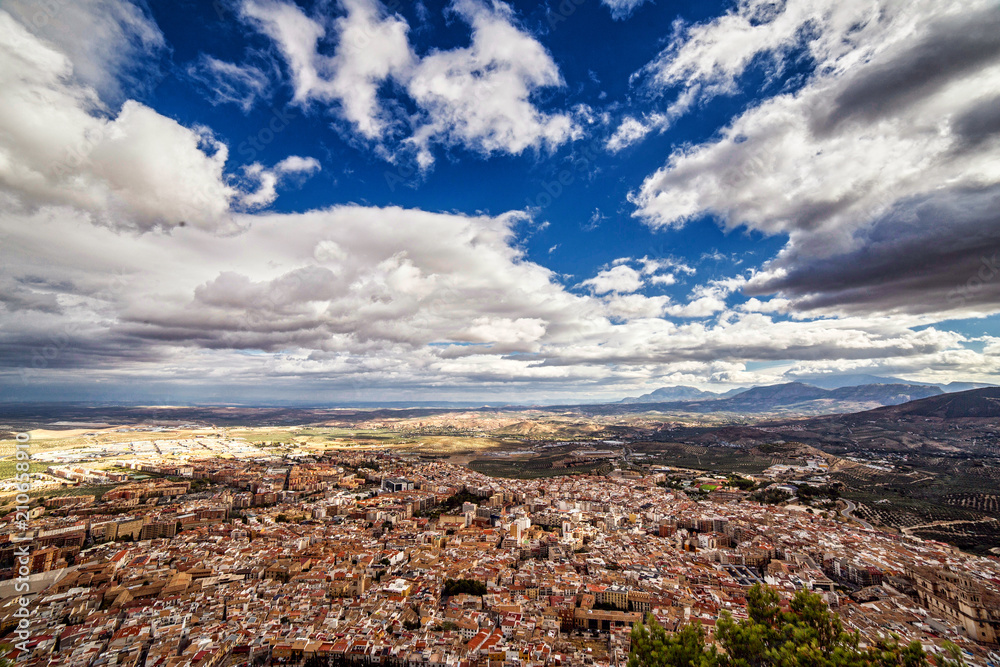 Panoramic view of the city from the castle of Santa Catalina, taken in Jaen, Andalucia, Spain