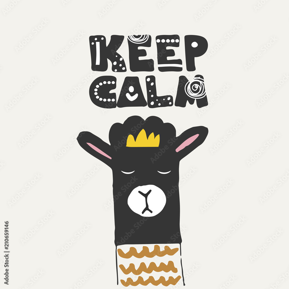 Cute poster with llama, alpaca. Keep calm text lettering. Funny hand drawn illustration for t-shirt print or cover. Stock Vector | Adobe Stock Cute poster with llama, alpaca. Keep calm text lettering. Funny hand drawn illustration for t-shirt print or cover. Stock Vector | Adobe Stock