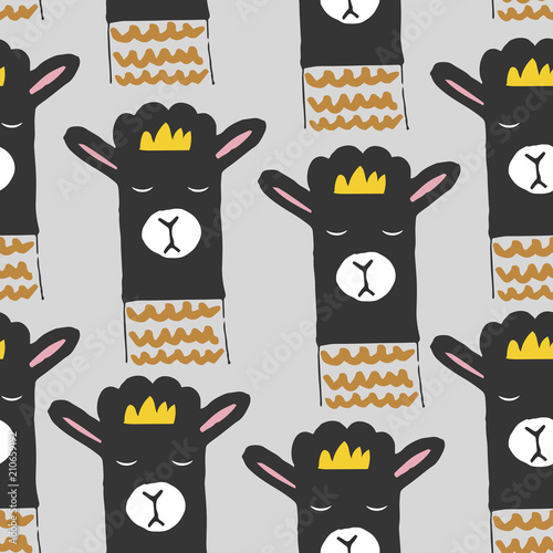 Cute seamless pattern with llama or alpaca. Animal pattern in scandinavian style. For children and kids. For textile,fabric, wrapping or poster. Vector hand drawn illustration.