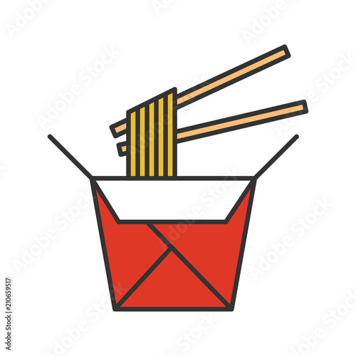 Chinese noodles in paper box and chopsticks color icon