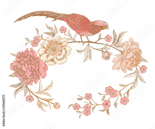 Vintage greeting card with birds and flowers.