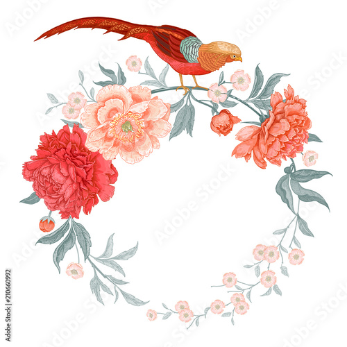 Vintage greeting card with birds and flowers.