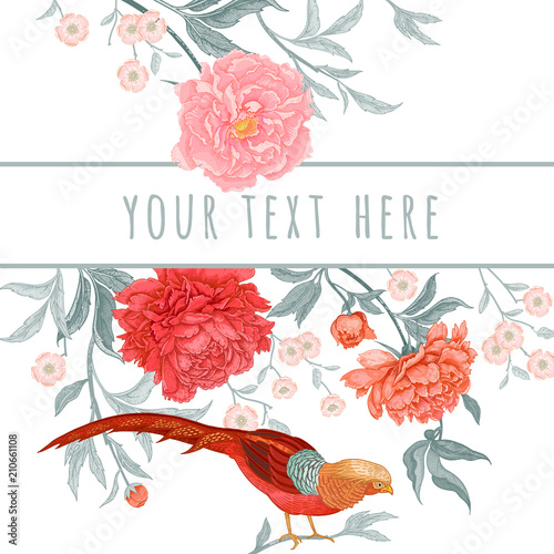 Vintage greeting card with birds and flowers.