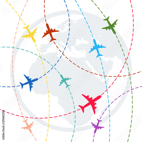 plane with dashed path lines. airplane flight route