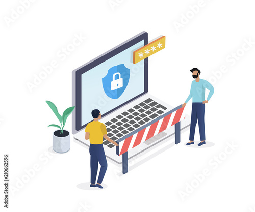 Internet security isometric concept.Traffic Encryption,Privacy Protection Antivirus hack, VPN.