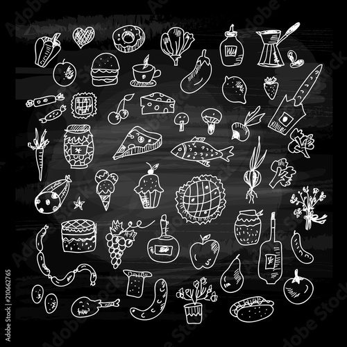 Food icons set on the blackboard vector illustration