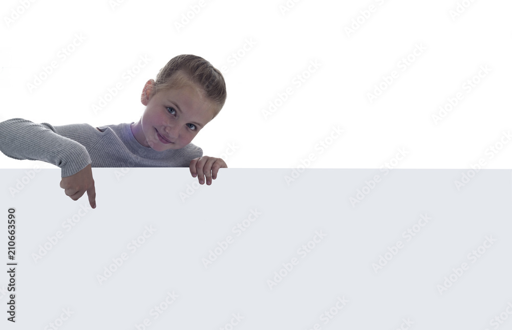 Emotional girl is looking from behind an empty banner Emotional girl is looking from behind an empty banner