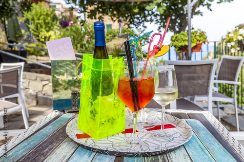 outdoor restaurant in a public patio in a seaside location