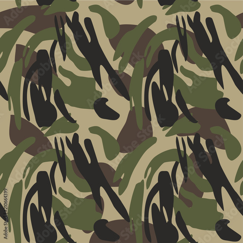 Camouflage pattern background seamless vector illustration. Classic military clothing style. Camo repeat texture shirt print. Green brown black olive colors forest texture