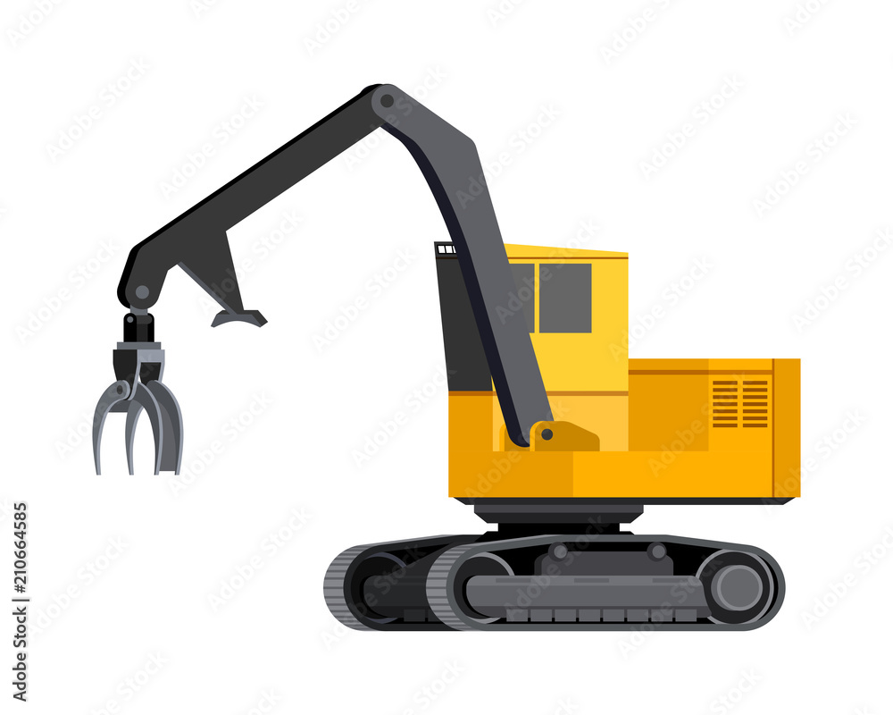 Minimalistic icon log loader. Tracked log loader vehicle for worknig at forest area for sorting and loading wood pile. Modern vector isolated illustration.