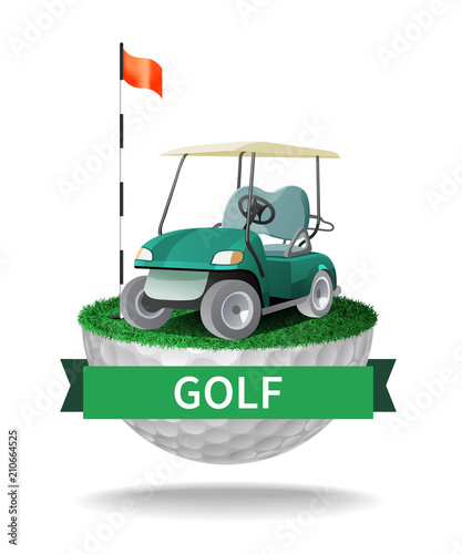 Golf cart on half golf ball with grass. Abstract isolated color vector illustration
