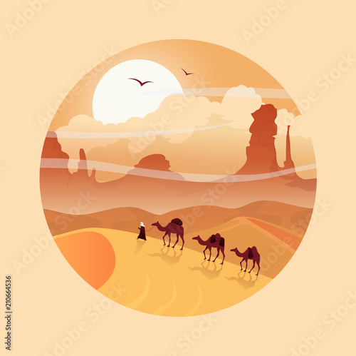Desert landscape with camel caravan.