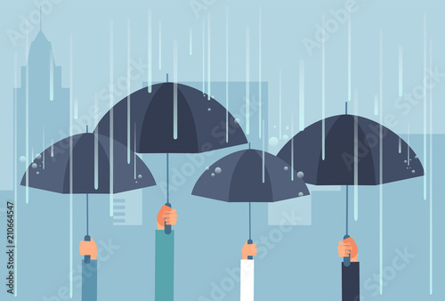 Hands holding umbrellas while thunderstorm. Vector safe cartoon business concept
