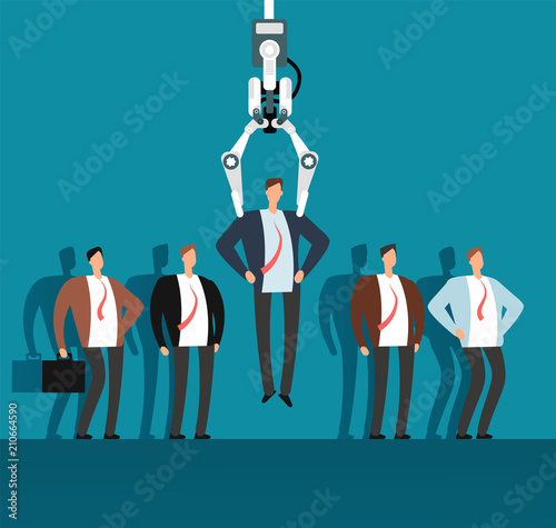 Robot recruiter with industrial claw choosing man from selected group of people. Recruitment, employment agency vector business concept