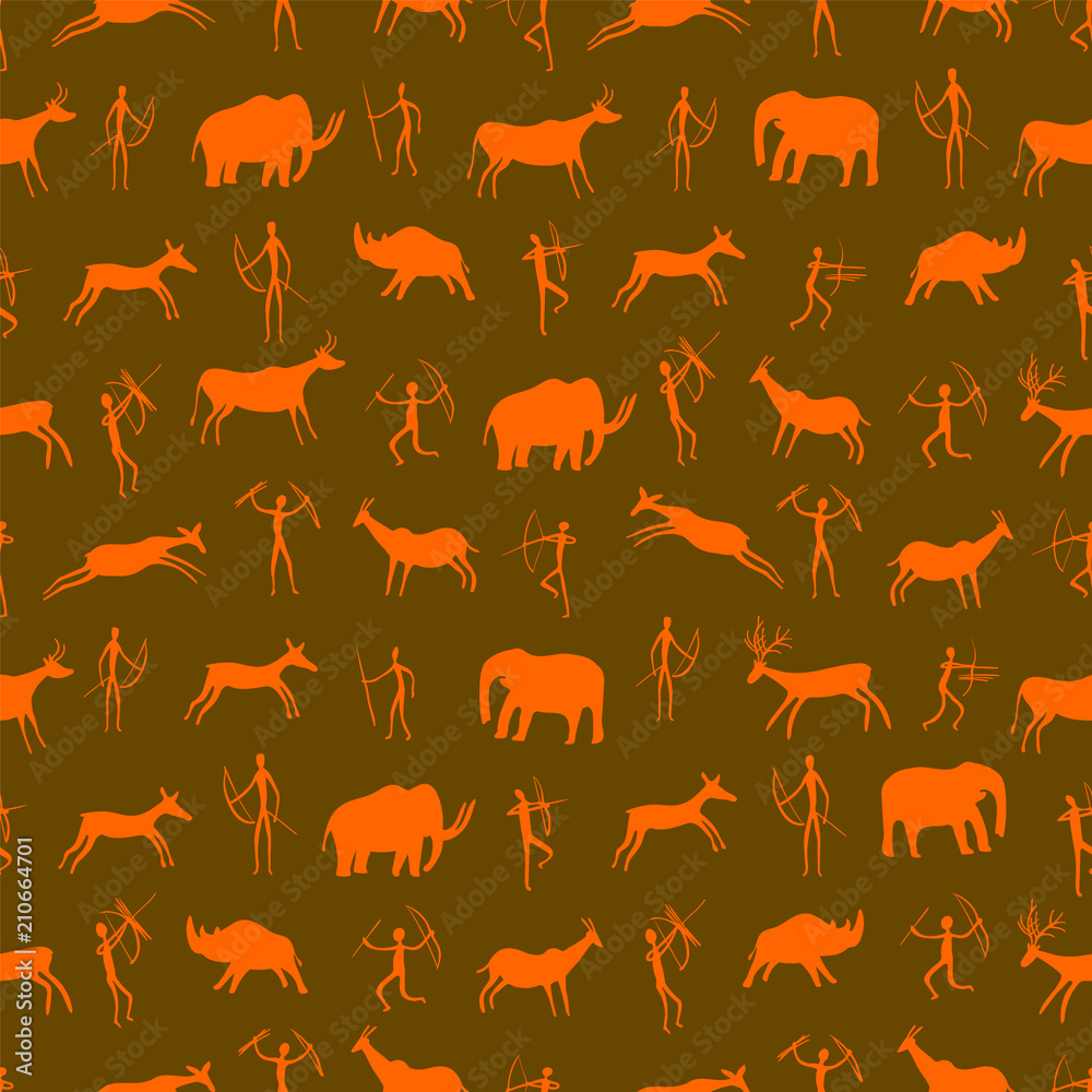 Seamless pattern. Ancient rock drawing with primitive people and
